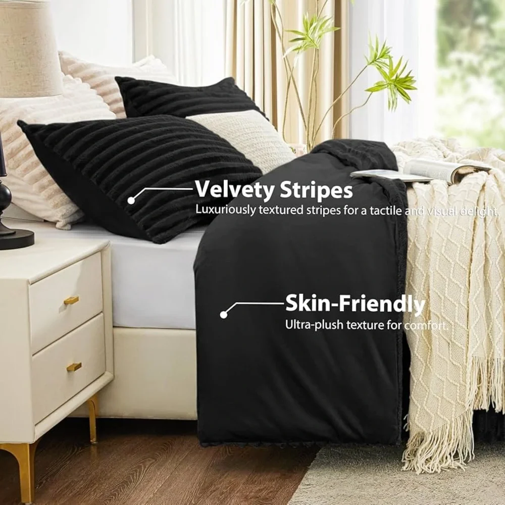 NWOT EXQ Home Fluffy Black Comforter & Pillowcase Set Twin Faux Fur Stripe
